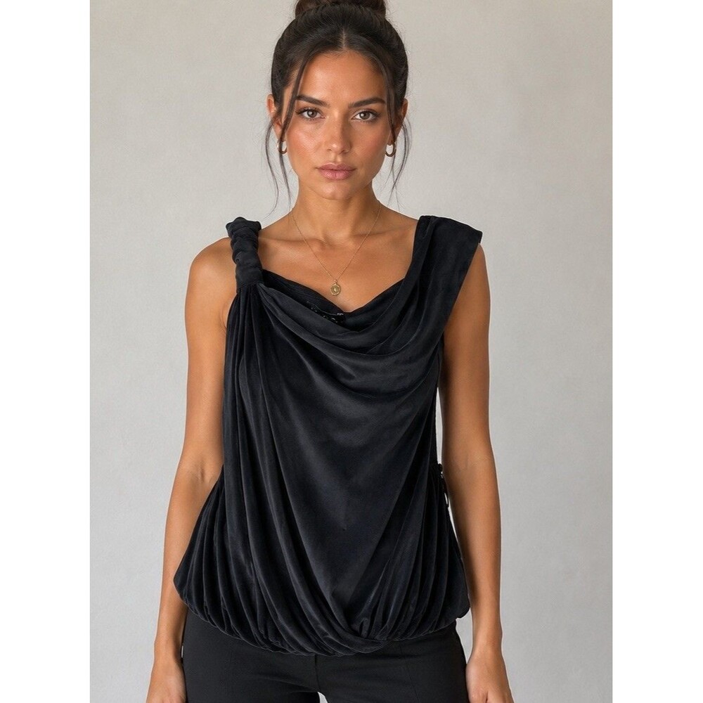 Bebe Black Silk Velvet Feel Grecian Draped Bubble Hem Top XS
